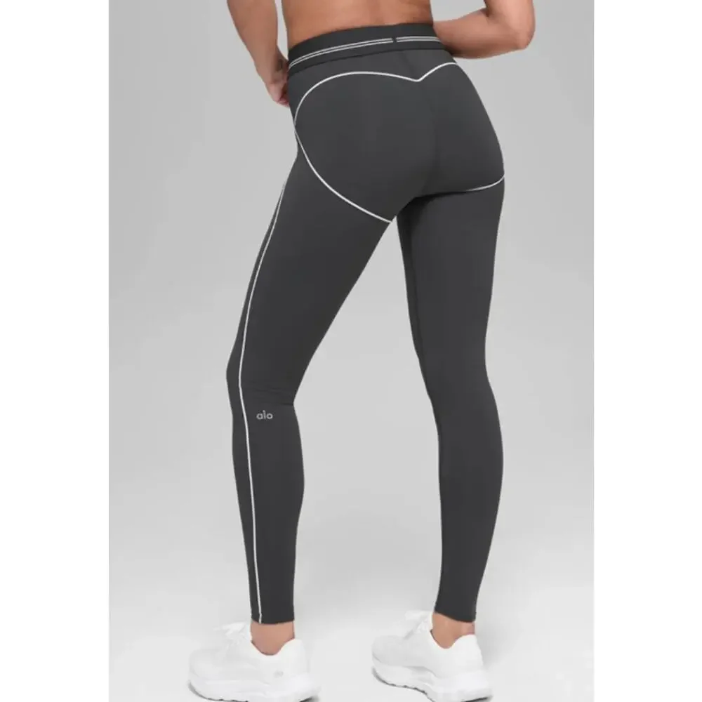 Alo Yoga Airbrush Heart Throb Leggings Gray White High Waist Full Length Size S